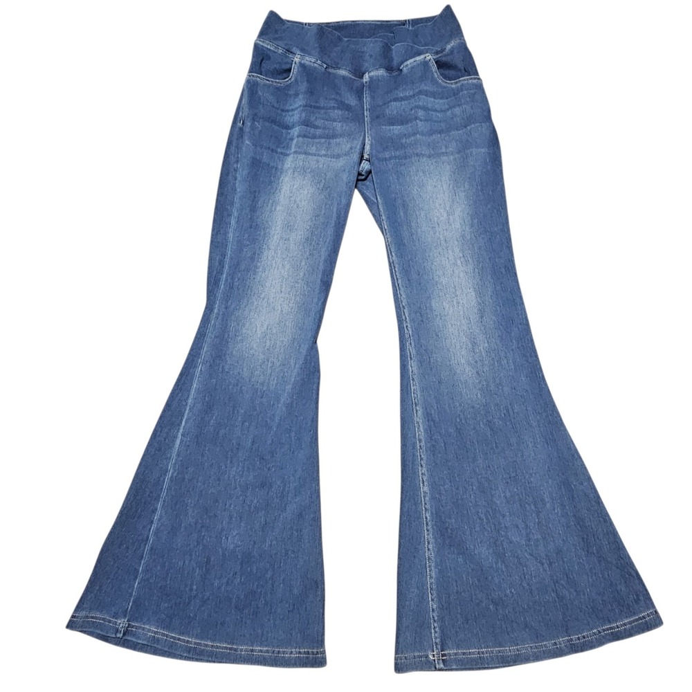 Halara Flare Jeans Sz L Flex High Waisted Crossover Pocket Casual Blue Denim